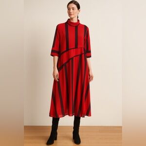 Modern Minimalist Lined Sheer Midi Dress Red Black Stripe Asymmetric Size M